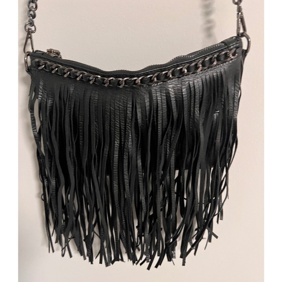 MMS Handbags - MMS Black Fringe Crossbody Bag Small Faux Leather Gunmetal Chain Boho Rockstar